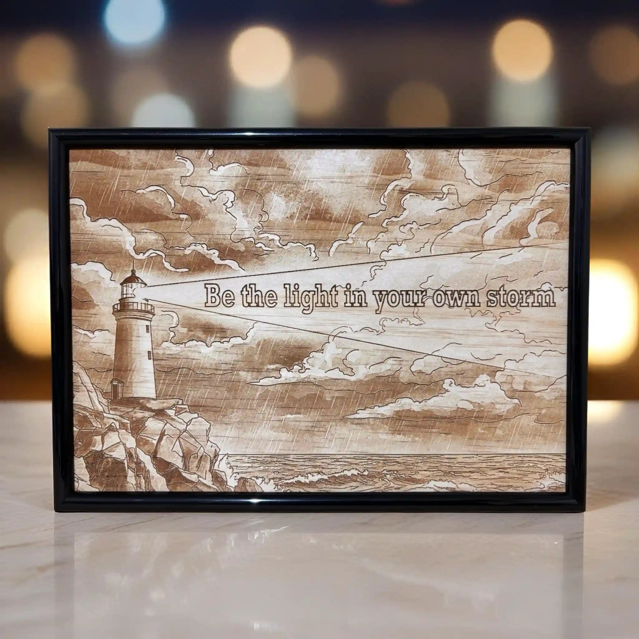 Nautical lighthouse illustration with the inspirational quote Be the light in your own storm Wood Design by Laser Design Creations
