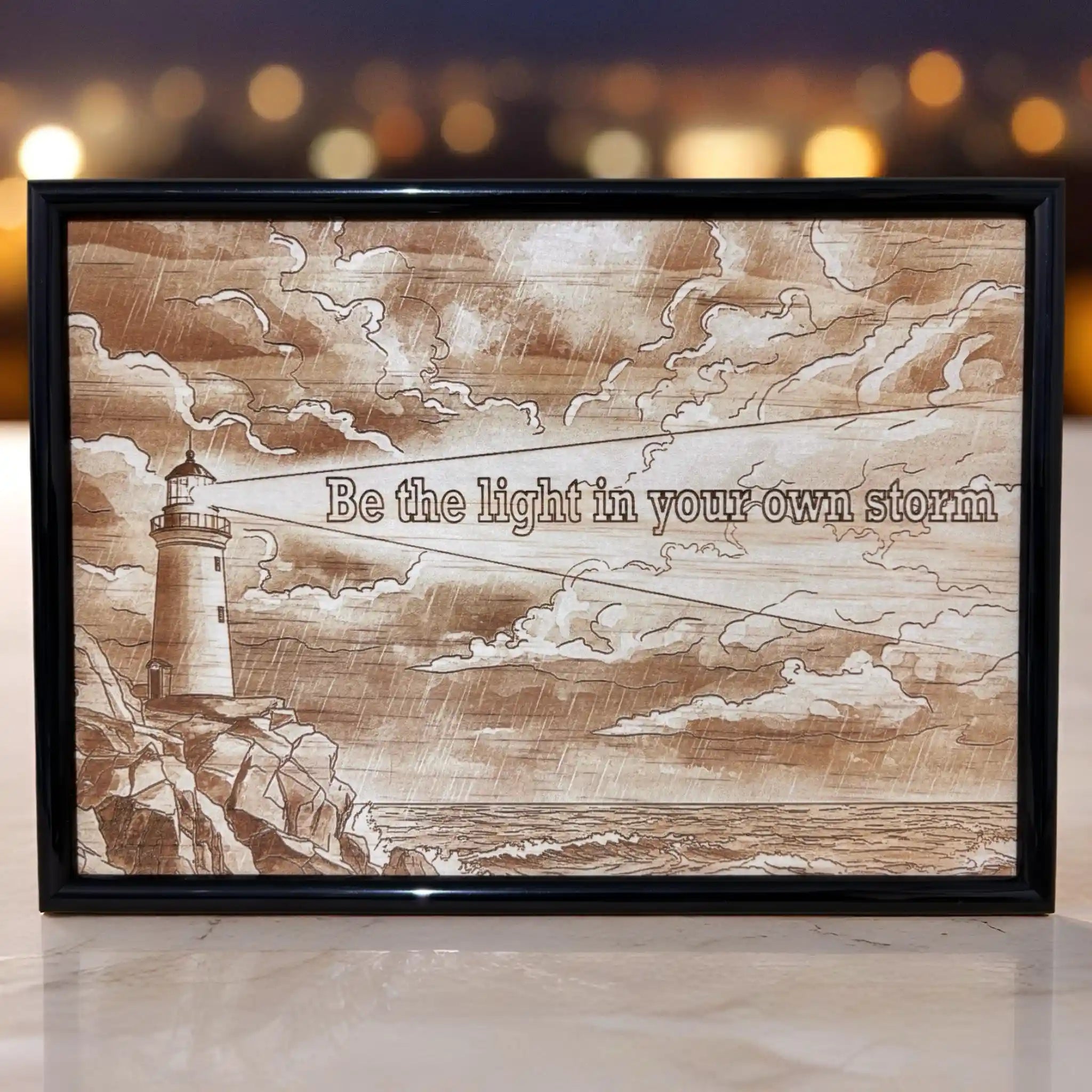 Close up view of the lighthouse and motivational quote Be the light in your own storm Wood Art by Laser Design Creations