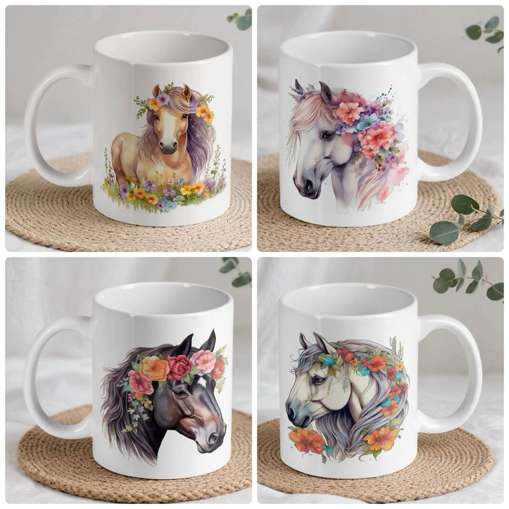 Collage of four white mugs with watercolour floral crown horse designs on a woven mat by Laser Design Creations.