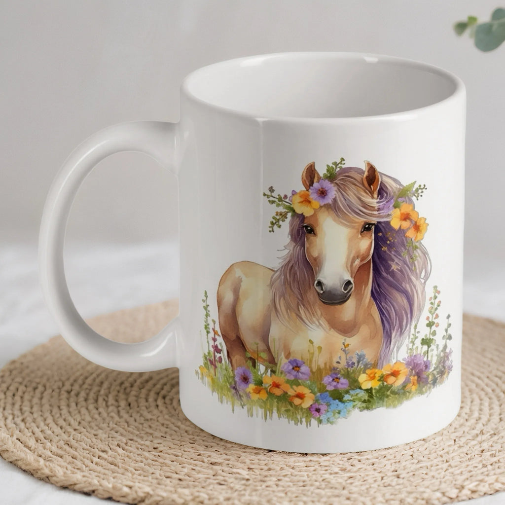 Watercolour brown horse with a yellow and purple floral crown ceramic mug by Laser Design Creations.
