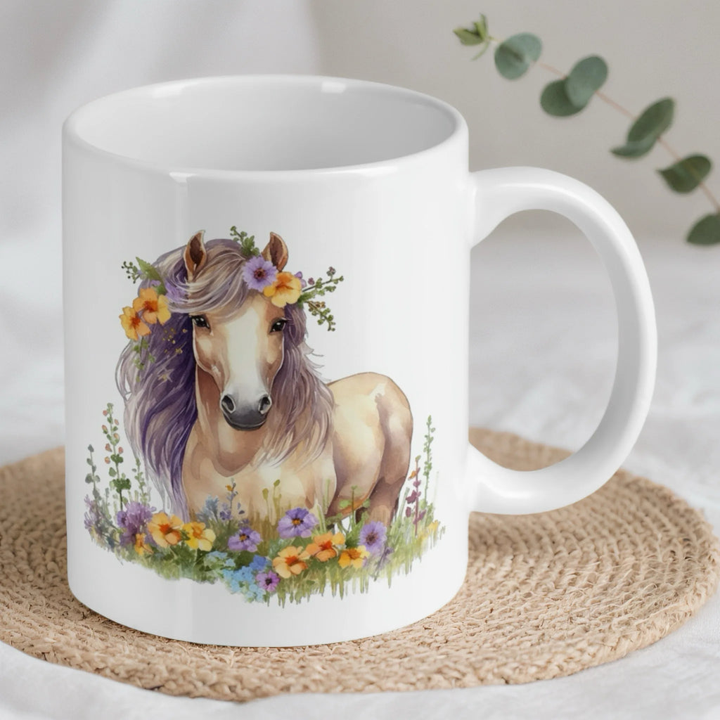 Reverse side of the watercolour brown horse mug, showcasing the wrap-around floral artwork.