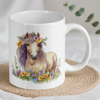Reverse side of the watercolour brown horse mug, showcasing the wrap-around floral artwork.