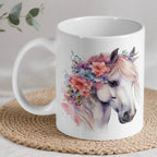 Elegant white horse with pink and purple watercolour flowers ceramic mug by Laser Design Creations.