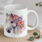 Reverse side of the white horse with pink floral crown mug, showcasing the double-sided print.