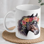 Striking dark brown horse with a red and pink rose floral crown ceramic mug by Laser Design Creations.