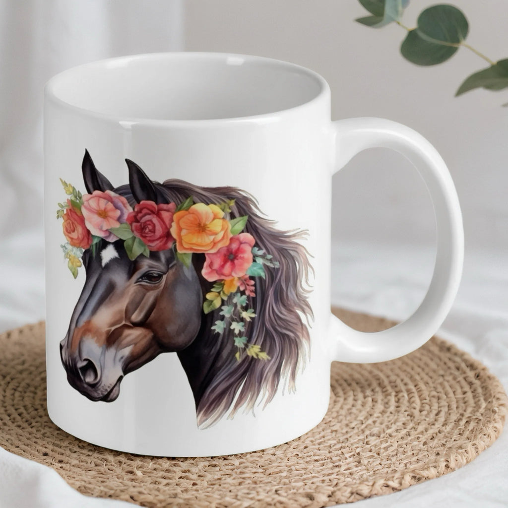 Reverse side of the dark brown horse with red flowers mug, showcasing the wrap-around artwork.