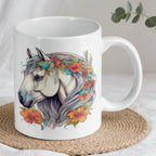 Reverse side of the grey horse with orange floral crown mug, showcasing the double-sided print.