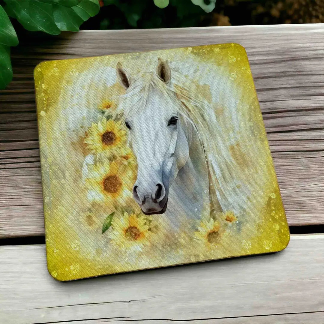 Side view of Beautiful Sunflower Horse style 1 neoprene coasters, showcasing a charming watercolour rustic horse portrait framed by country floral sunflowers by Laser Design Creations.