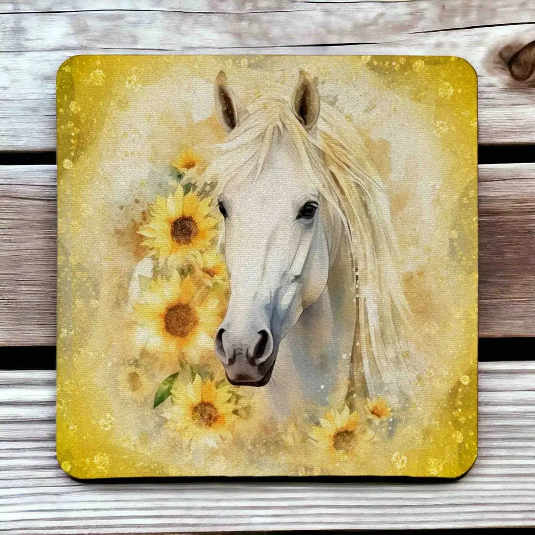 Beautiful Sunflower Horse style 1 neoprene coasters by Laser Design Creations, featuring a stunning country style watercolour painting of a horse surrounded by bright yellow sunflowers and rustic blossoms.