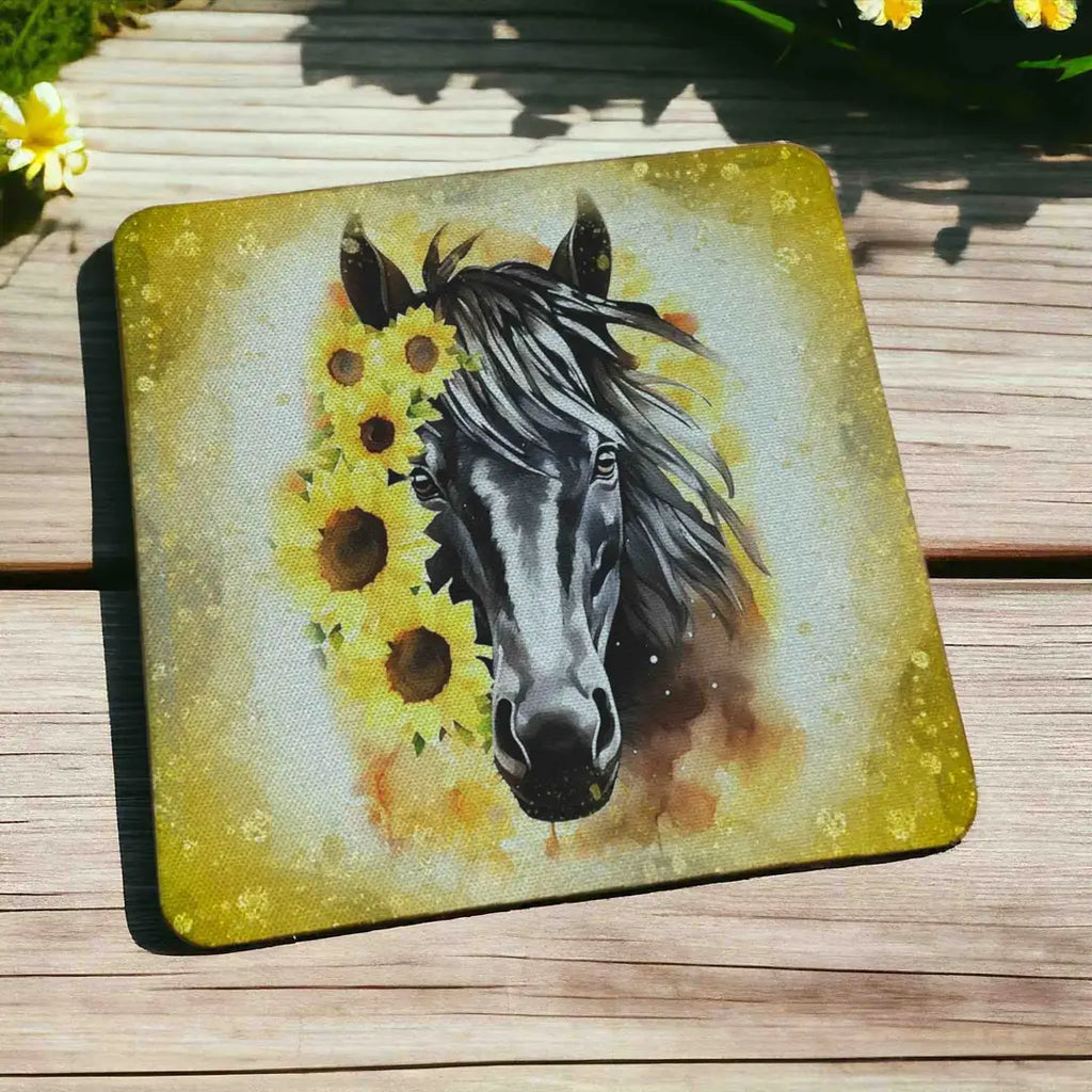 Side view of Beautiful Sunflower Horse style 2 neoprene coasters, showcasing a charming watercolour rustic horse portrait framed by country floral sunflowers by Laser Design Creations.
