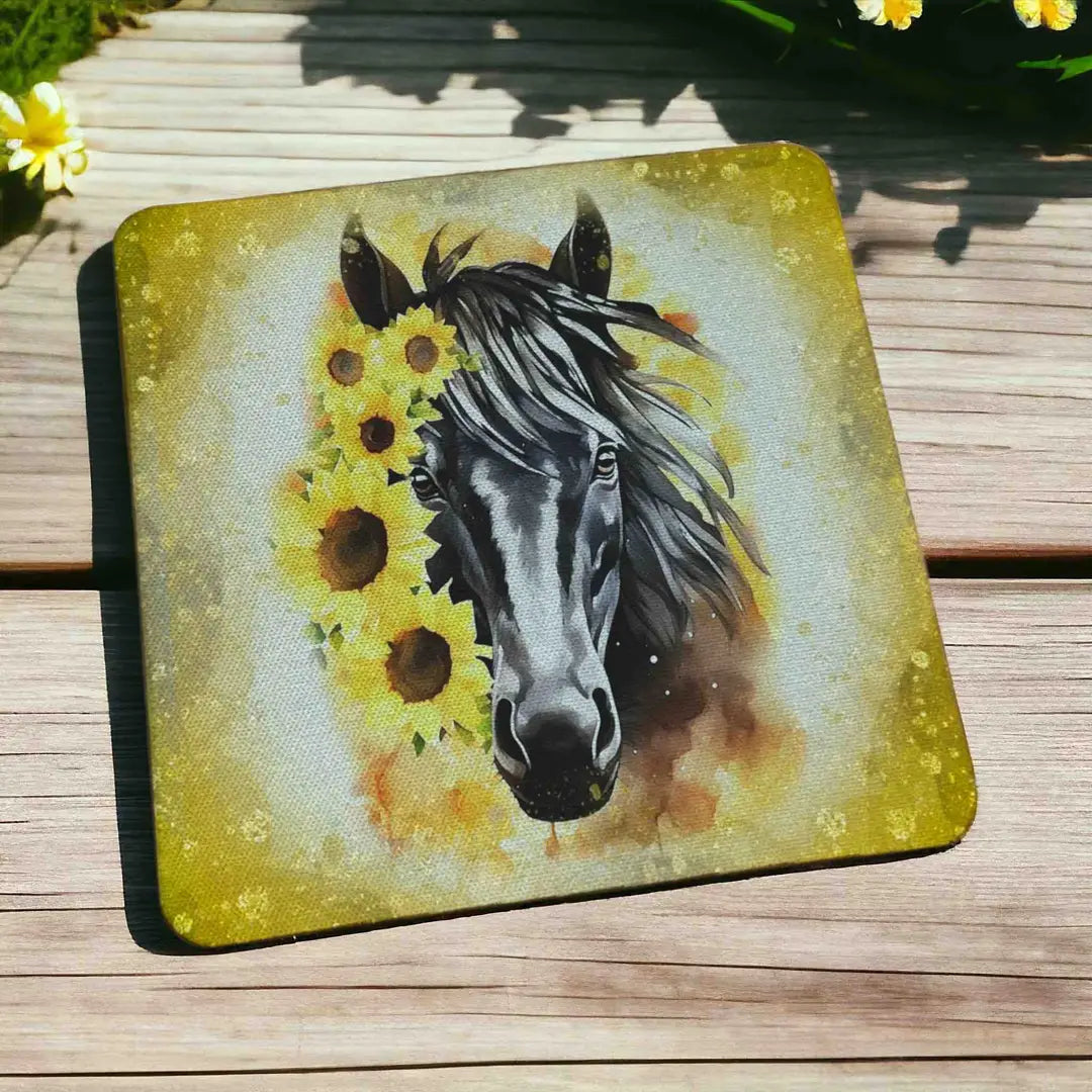 Side view of Beautiful Sunflower Horse style 2 neoprene coasters, showcasing a charming watercolour rustic horse portrait framed by country floral sunflowers by Laser Design Creations.