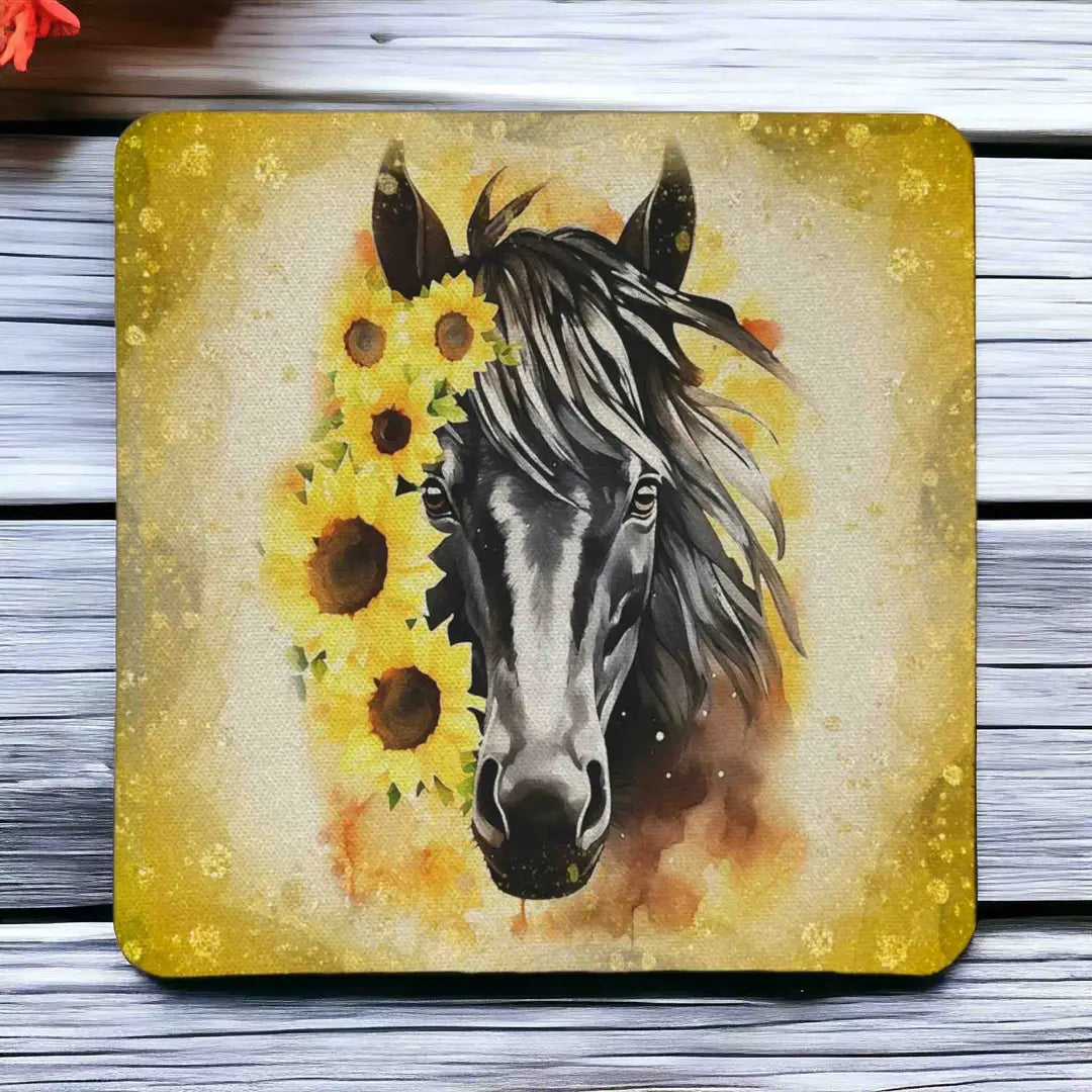 Beautiful Sunflower Horse style 2 neoprene coasters by Laser Design Creations, featuring a stunning country style watercolour painting of a horse surrounded by bright yellow sunflowers and rustic blossoms.