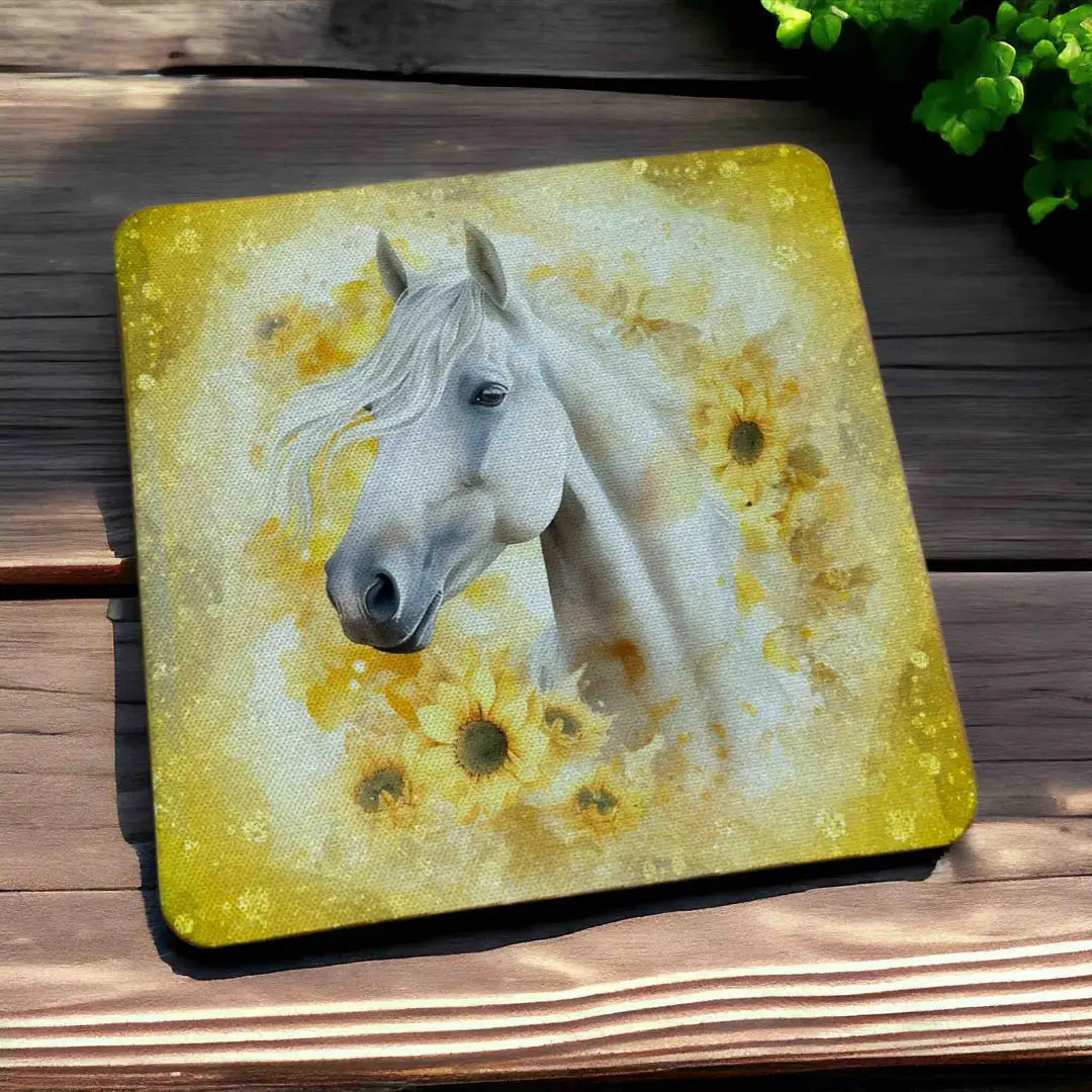 Side view of Beautiful Sunflower Horse style 3 neoprene coasters, showcasing a charming watercolour rustic horse portrait framed by country floral sunflowers by Laser Design Creations.