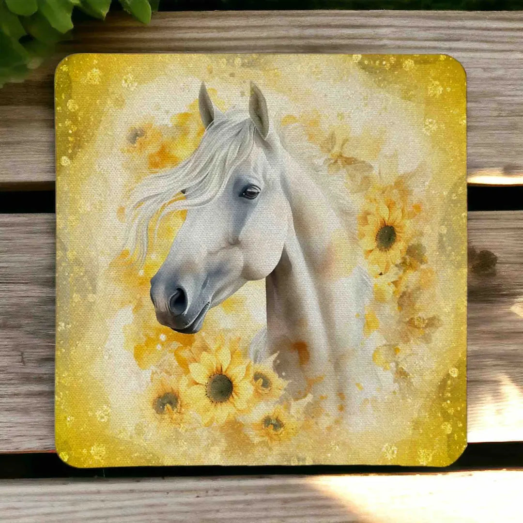 Beautiful Sunflower Horse style 3 neoprene coasters by Laser Design Creations, featuring a stunning country style watercolour painting of a horse surrounded by bright yellow sunflowers and rustic blossoms.