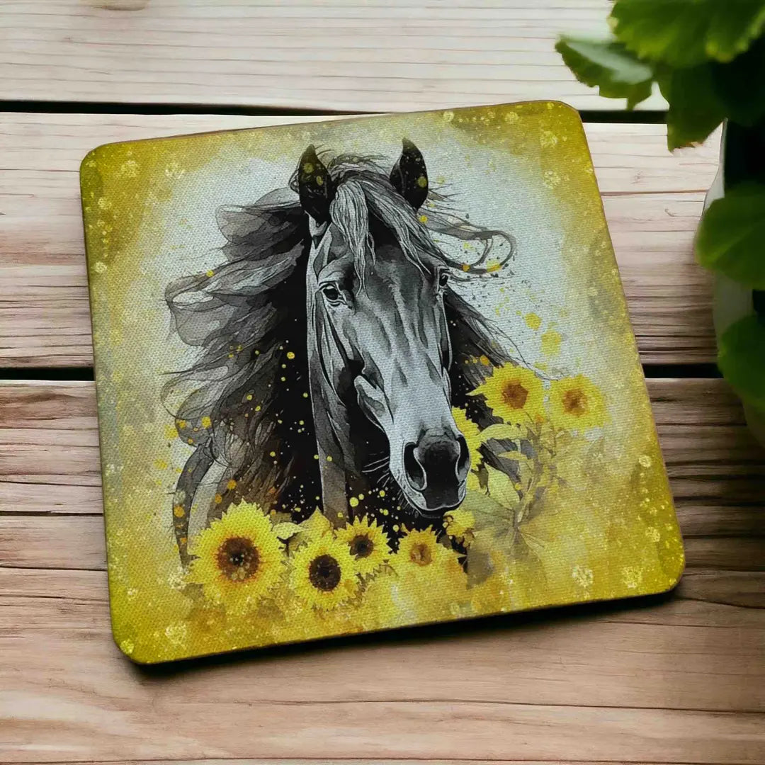 Side view of Beautiful Sunflower Horse style 4 neoprene coasters, showcasing a charming watercolour rustic horse portrait framed by country floral sunflowers by Laser Design Creations.