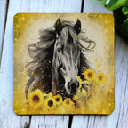 Beautiful Sunflower Horse style 4 neoprene coasters by Laser Design Creations, featuring a stunning country style watercolour painting of a horse surrounded by bright yellow sunflowers and rustic blossoms.