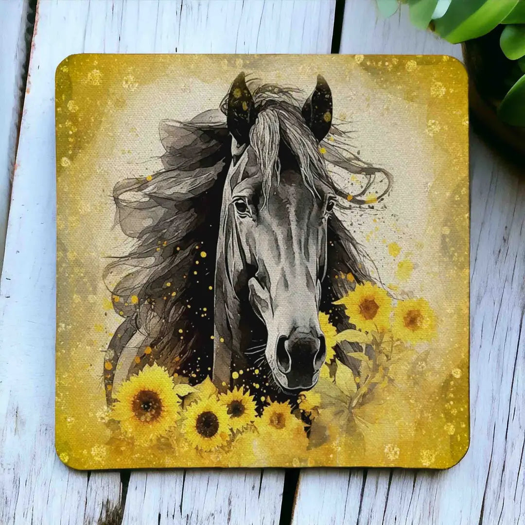 Beautiful Sunflower Horse style 4 neoprene coasters by Laser Design Creations, featuring a stunning country style watercolour painting of a horse surrounded by bright yellow sunflowers and rustic blossoms.