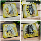 Lifestyle collage image of the Beautiful Sunflower Horse neoprene coasters, printed by Australian small business Laser Design Creations.