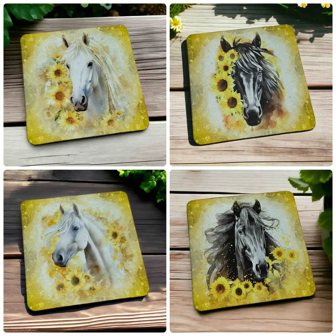 Lifestyle collage image of the Beautiful Sunflower Horse neoprene coasters, printed by Australian small business Laser Design Creations.