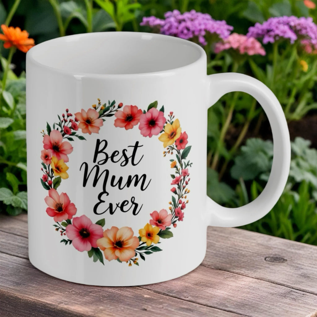 Reverse side of the 'Best Mum Ever' floral mug, showing the beautiful wreath of pink and yellow flowers, by Laser Design Creations.