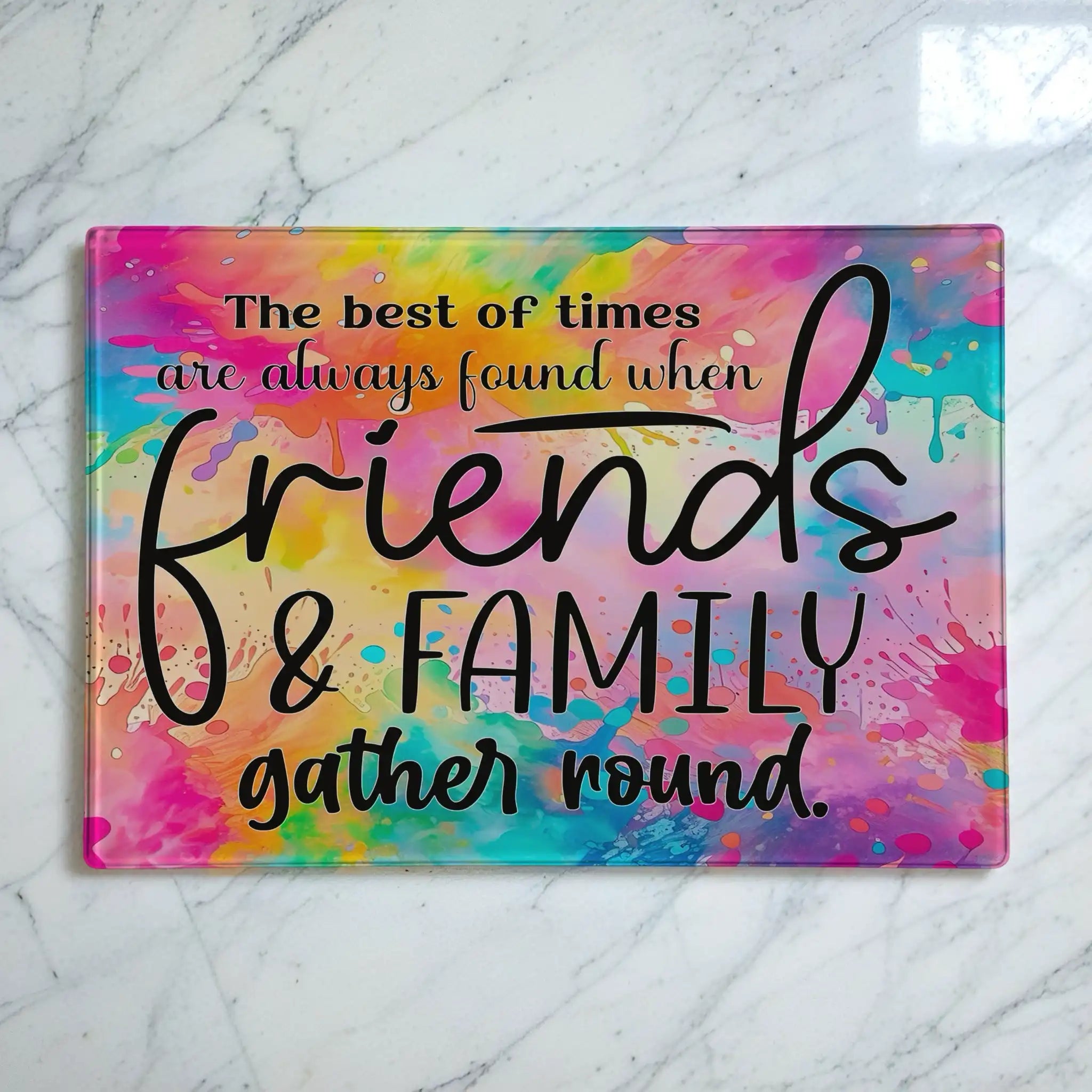 Vibrant rainbow watercolour and family quote glass chopping board from Laser Design Creations