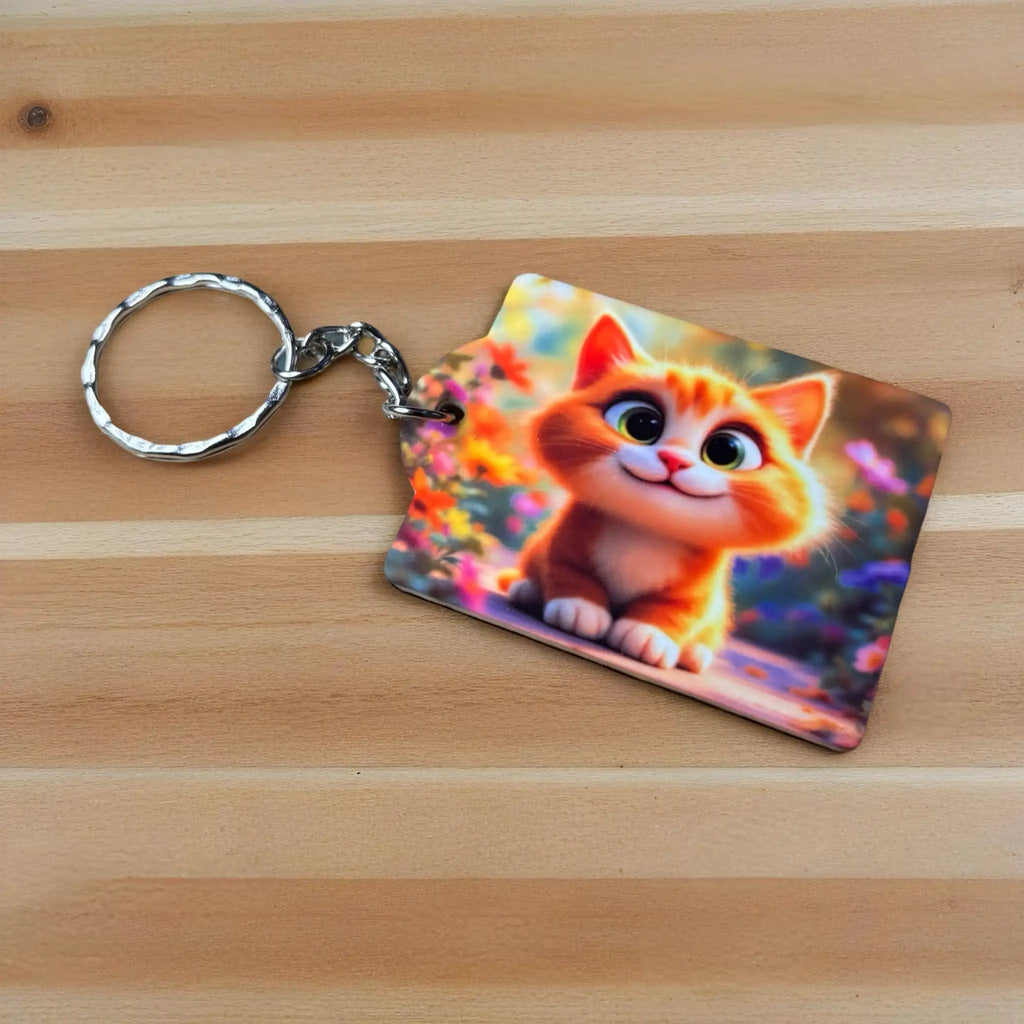 Side view of the charming Animated Kitten keyring, showcasing a cute orange cat surrounded by vibrant flowers by Laser Design Creations.