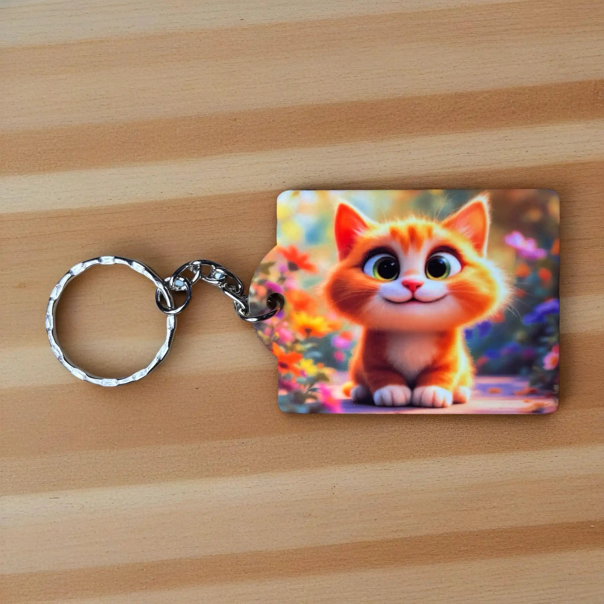Big Eyed Little Kitten keyring by Laser Design Creations, featuring a charming, whimsical orange cat illustration and vibrant floral background.