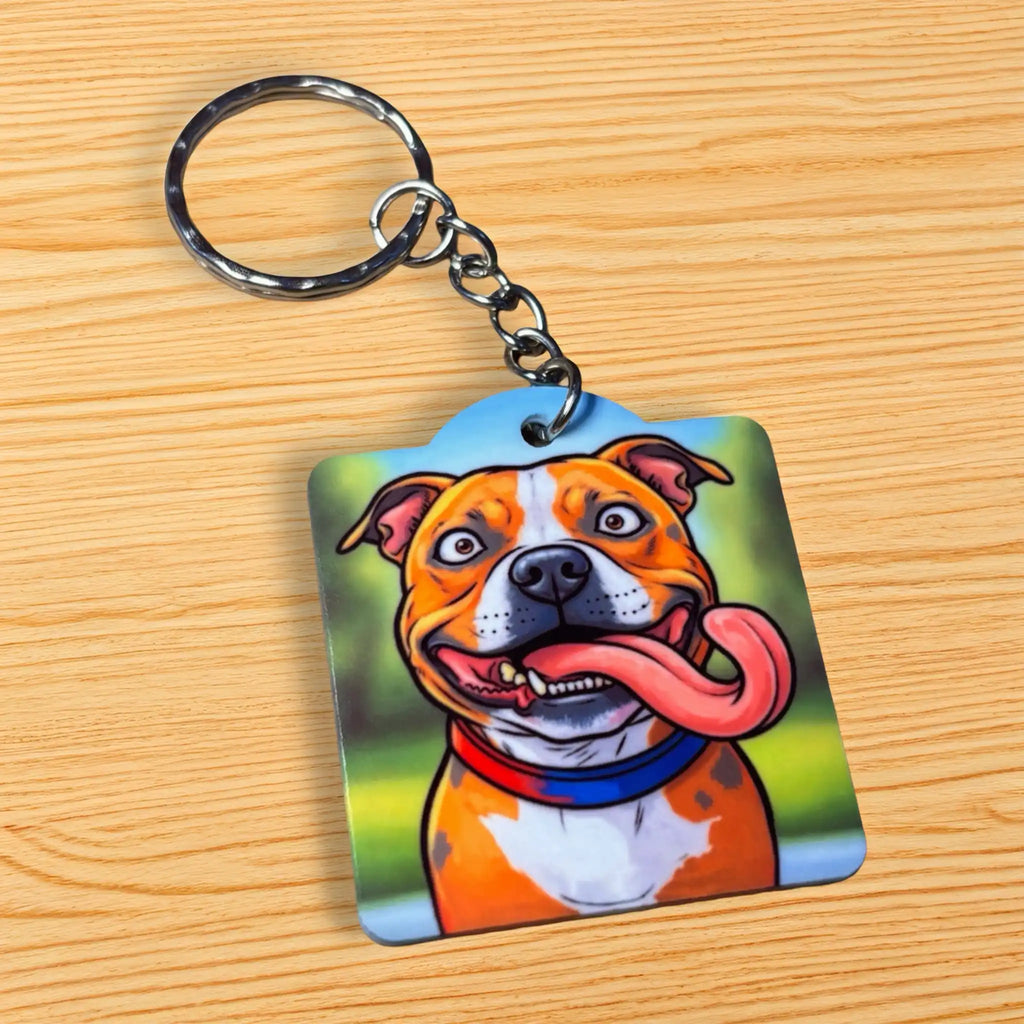 Side view of the Adorable Staffy Dog keyring, showcasing a comical, high-energy dog portrait with a long tongue by Laser Design Creations.