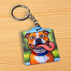 Side view of the Adorable Staffy Dog keyring, showcasing a comical, high-energy dog portrait with a long tongue by Laser Design Creations.