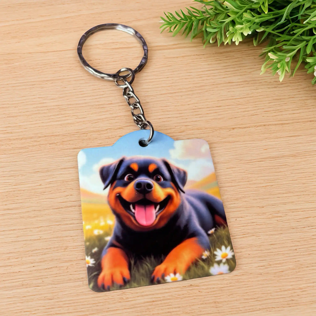 Happy Cartoon Rottweiler keyring, showcasing a cheerful high-detail cartoon dog standing in a daisy field by Laser Design Creations.