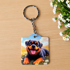 Cheerful Rottweiler Dog keyring by Laser Design Creations, featuring a happy cartoon Rottie with a big smile among daisies.