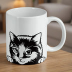 Reverse side of Peeking Cat ceramic mug, showcasing the wrap-around artwork by Laser Design Creations.