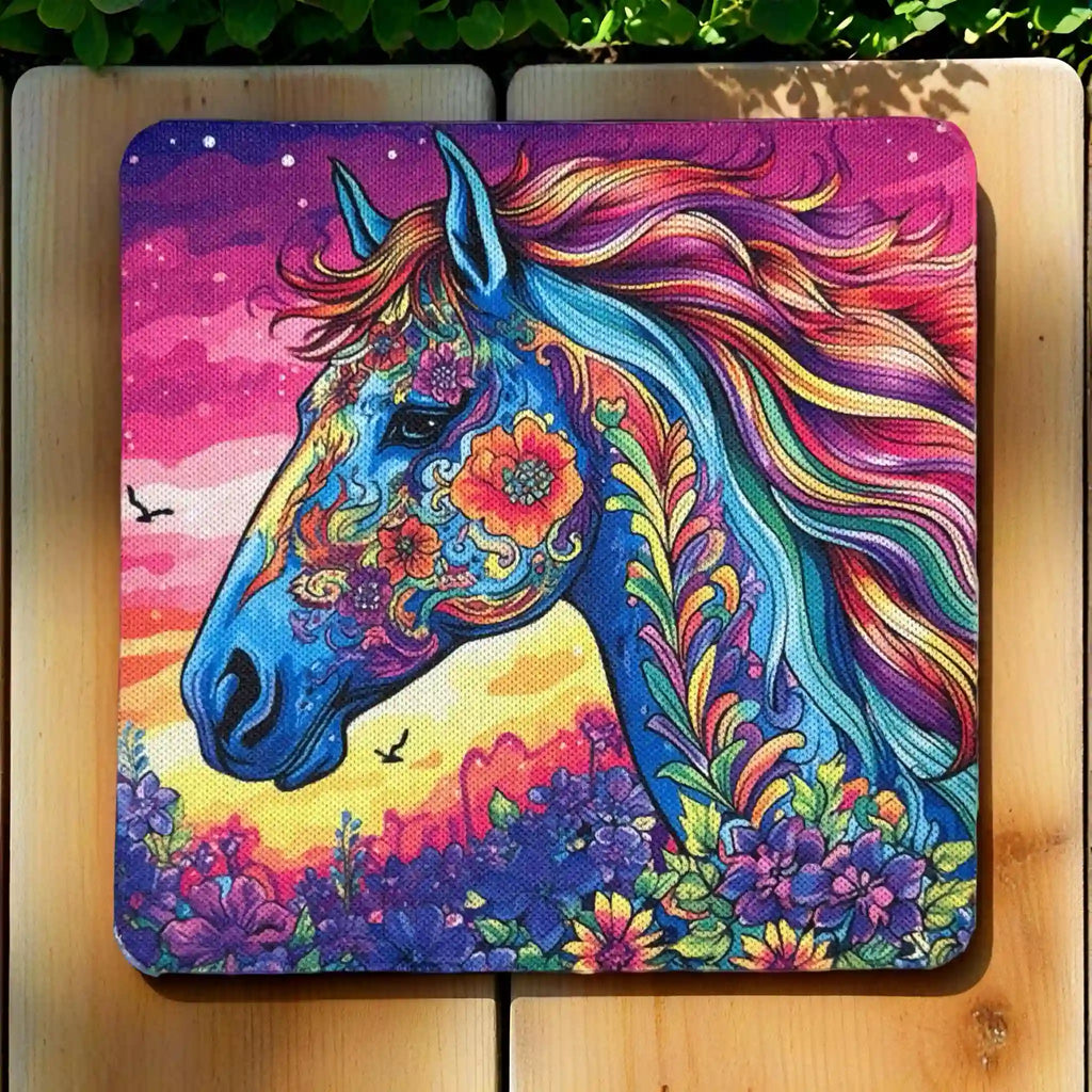 Top view of a set of four Bohemian Floral Horse neoprene coasters with a colourful, psychedelic art style, by Laser Design Creations.