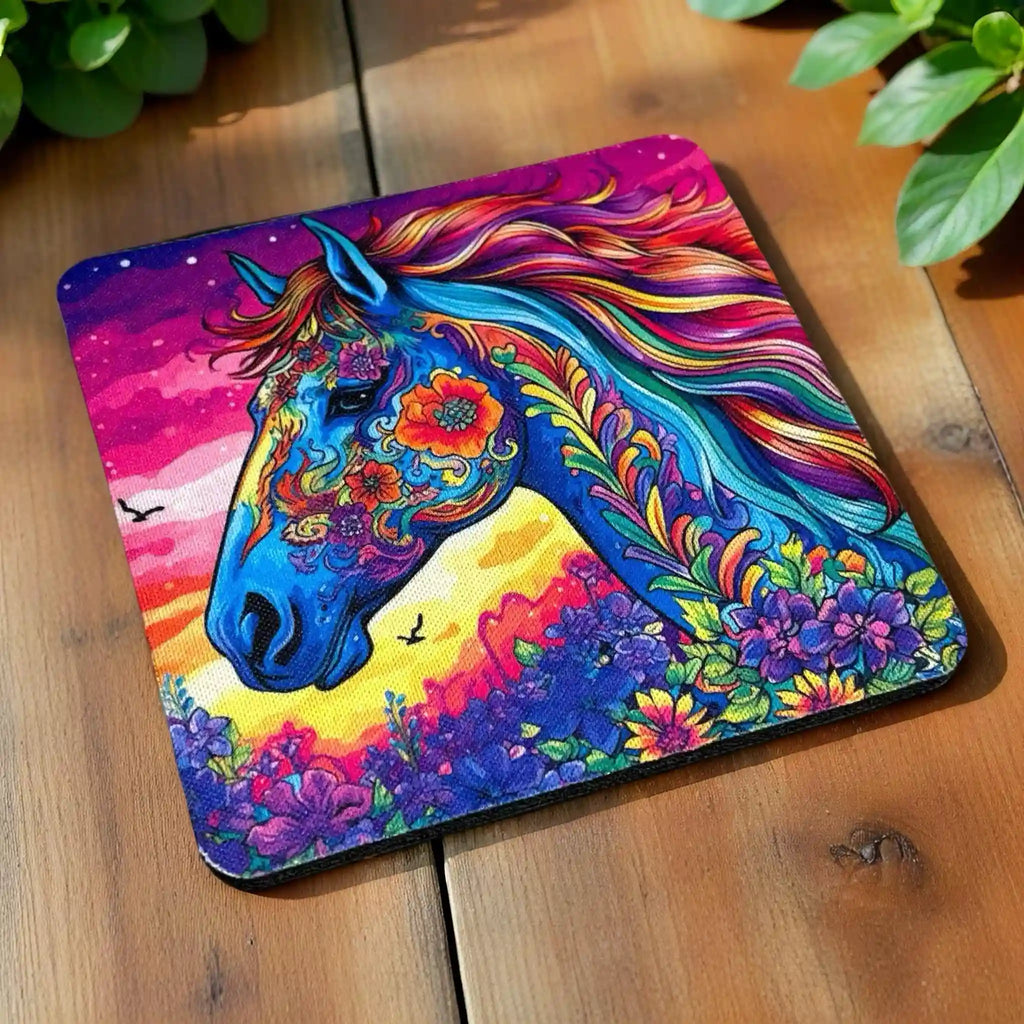 Side view of a set of four Bohemian Floral Horse neoprene coasters with intricate patterns and a vibrant sunset background, by Laser Design Creations.