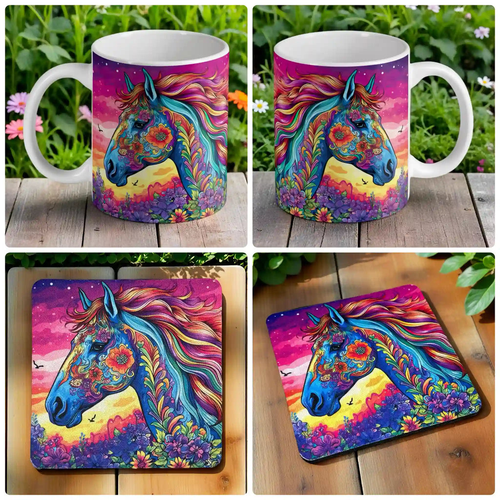 Bohemian Floral Horse mug and coaster combo gift set collage, featuring colourful and artistic psychedelic horse artwork, by Laser Design Creations.