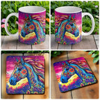Bohemian Floral Horse mug and coaster combo gift set collage, featuring colourful and artistic psychedelic horse artwork, by Laser Design Creations.