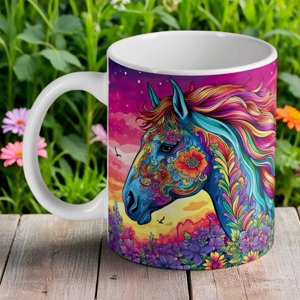Bohemian Floral Horse ceramic mug by Laser Design Creations, featuring a colourful psychedelic horse with intricate floral patterns.