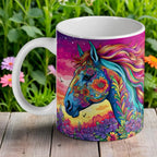 Bohemian Floral Horse ceramic mug by Laser Design Creations, featuring a colourful psychedelic horse with intricate floral patterns.