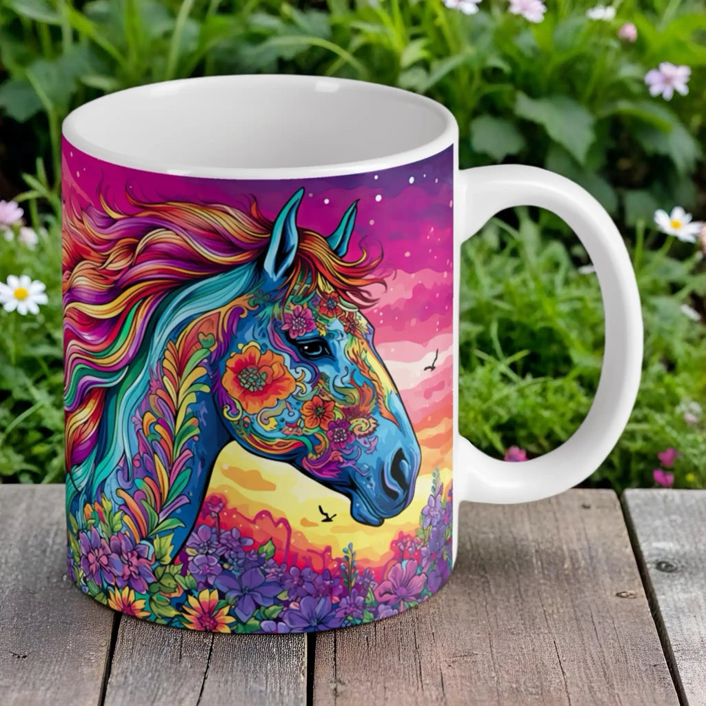 Reverse side of Bohemian Floral Horse mug, showing the vibrant rainbow mane of an artistic horse by Laser Design Creations.