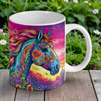 Reverse side of Bohemian Floral Horse mug, showing the vibrant rainbow mane of an artistic horse by Laser Design Creations.