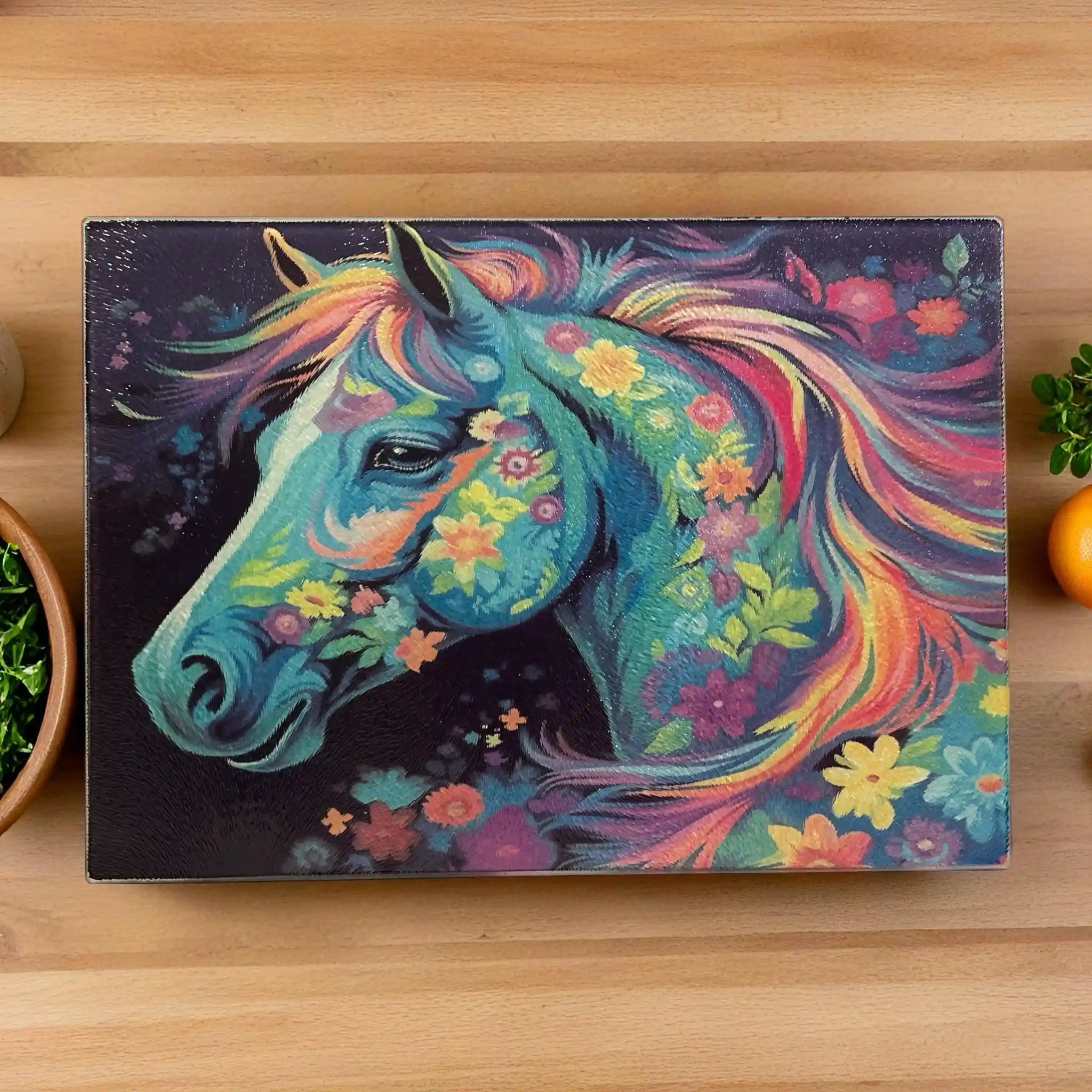 An artistic, painterly design of a horse filled with vibrant, rainbow-coloured flowers on a chopping board from Laser Design Creations