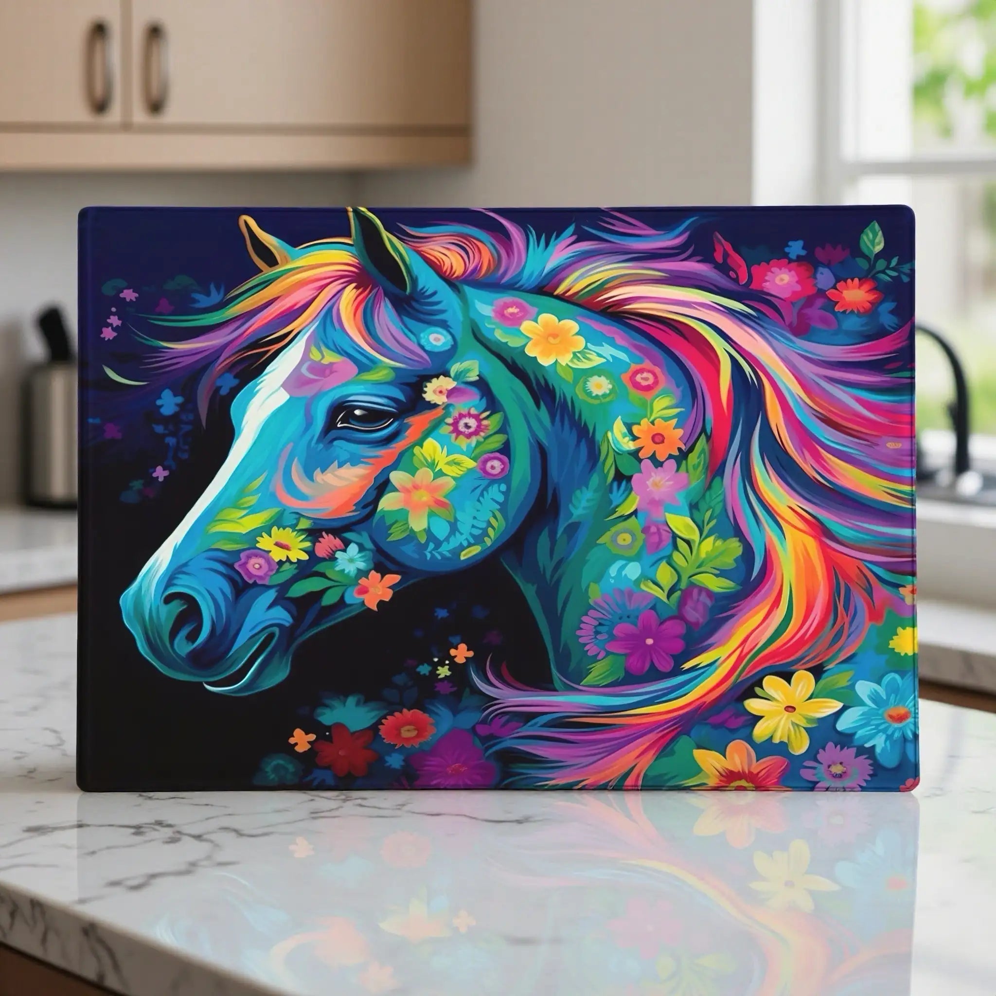 An artistic, painterly design of a horse filled with vibrant, rainbow-coloured flowers on a chopping board from Laser Design Creations
