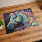Vibrant Rainbow Floral Horse chopping board by Laser Design Creations, featuring a colourful horse profile bursting with psychedelic floral patterns.