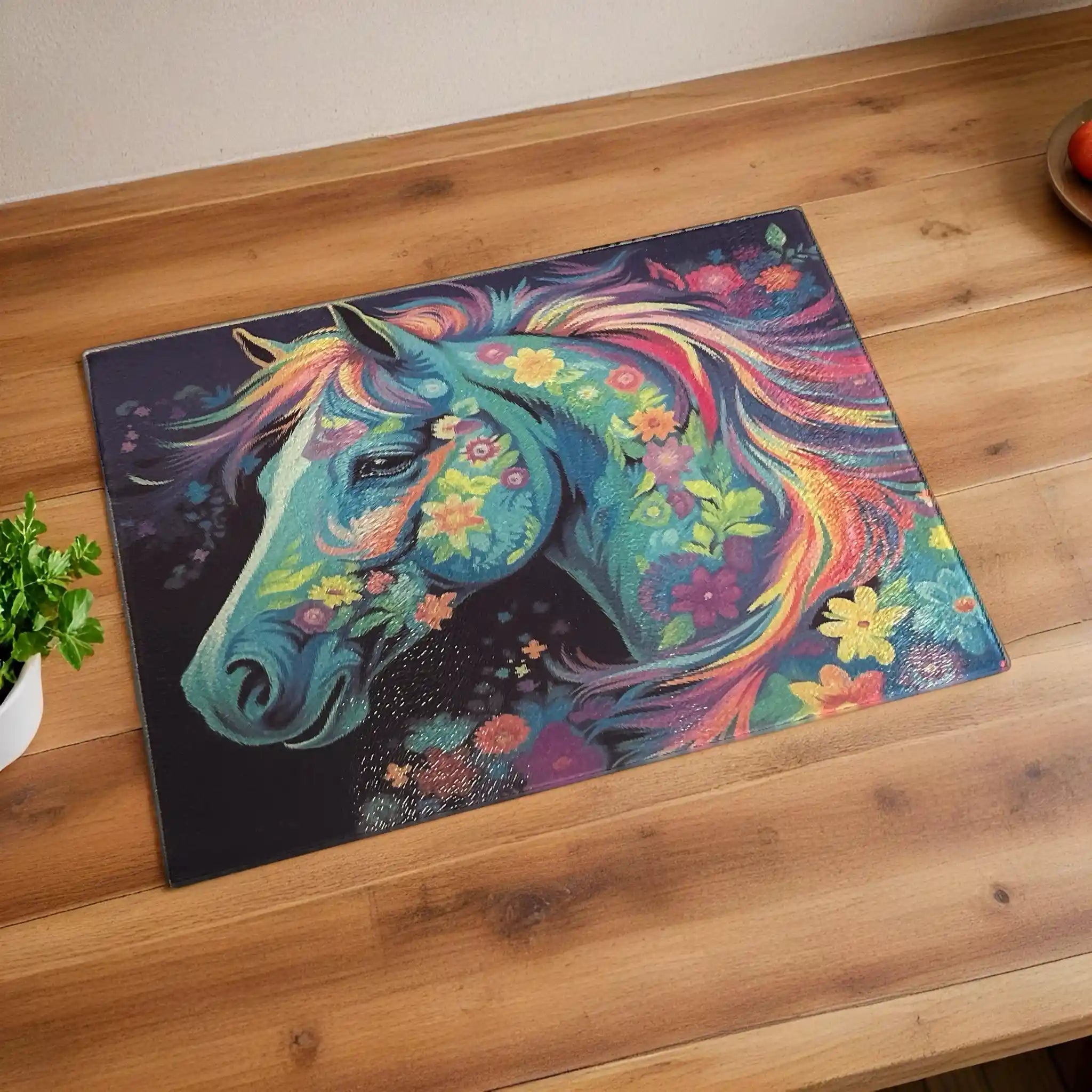 Vibrant Rainbow Floral Horse chopping board by Laser Design Creations, featuring a colourful horse profile bursting with psychedelic floral patterns.