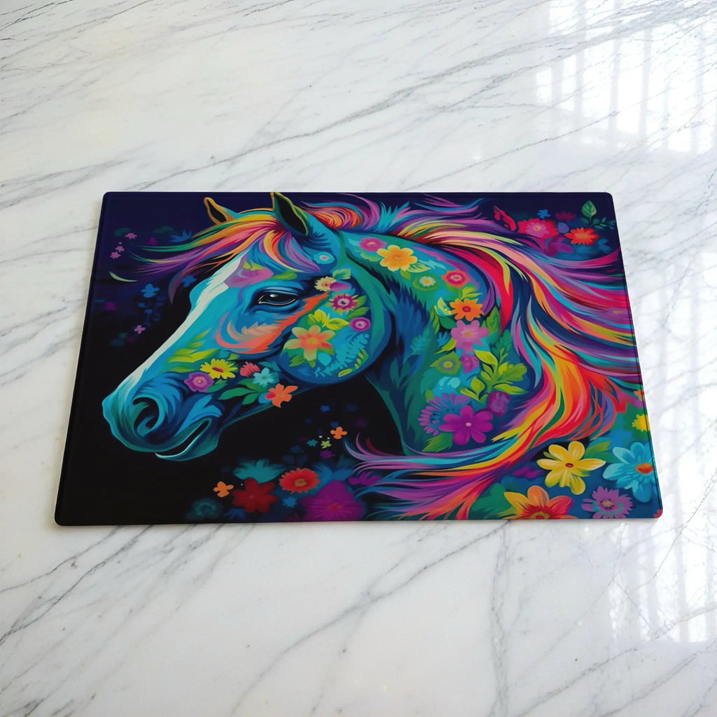 Vibrant Rainbow Floral Horse chopping board by Laser Design Creations, featuring a colourful horse profile bursting with psychedelic floral patterns.