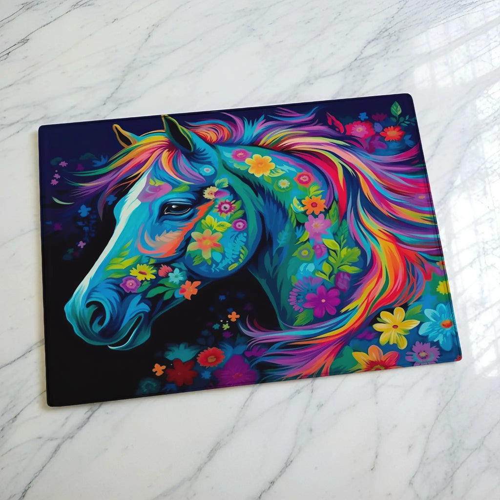 Vibrant Rainbow Floral Horse chopping board by Laser Design Creations, featuring a colourful horse profile bursting with psychedelic floral patterns. Displayed on a marble countertop.