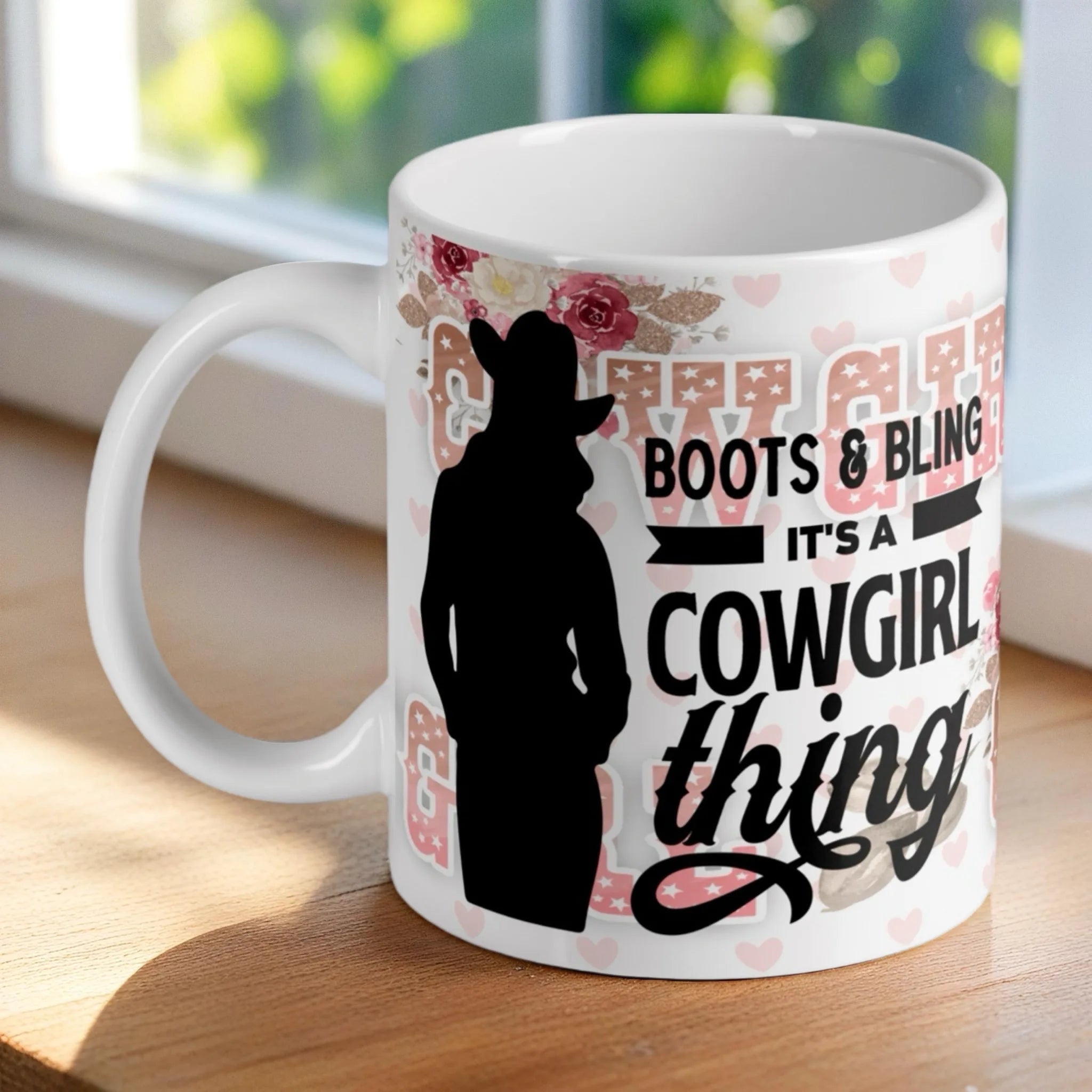 'Boots & Bling It's a Cowgirl Thing' ceramic mug by Laser Design Creations, featuring a stylish quote.