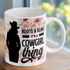 Reverse side of the 'Boots & Bling' cowgirl ceramic mug, showcasing the wrap-around artwork by Laser Design Creations.
