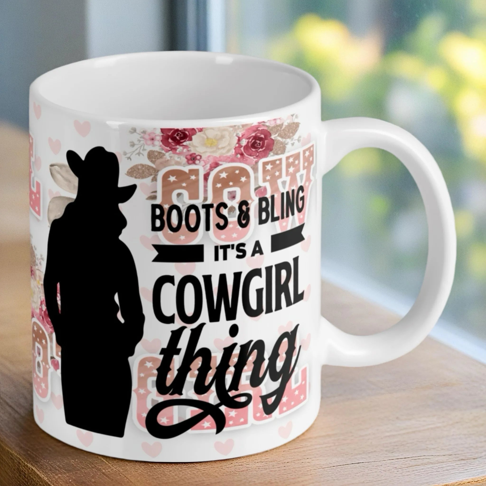 Reverse side of the 'Boots & Bling' cowgirl ceramic mug, showcasing the wrap-around artwork by Laser Design Creations.