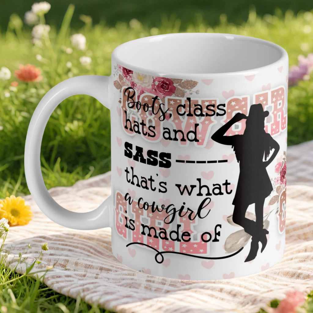 'Boots, Class, Hats & Sass' cowgirl ceramic mug by Laser Design Creations, featuring an empowering quote.